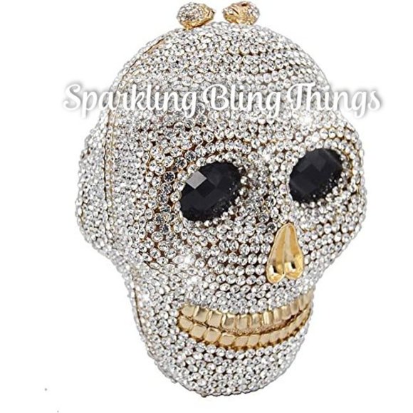 NWT Sparkling Bling Crystal Rhinestone Skull Clutch Purse Silver Gold +F… - Picture 7 of 11